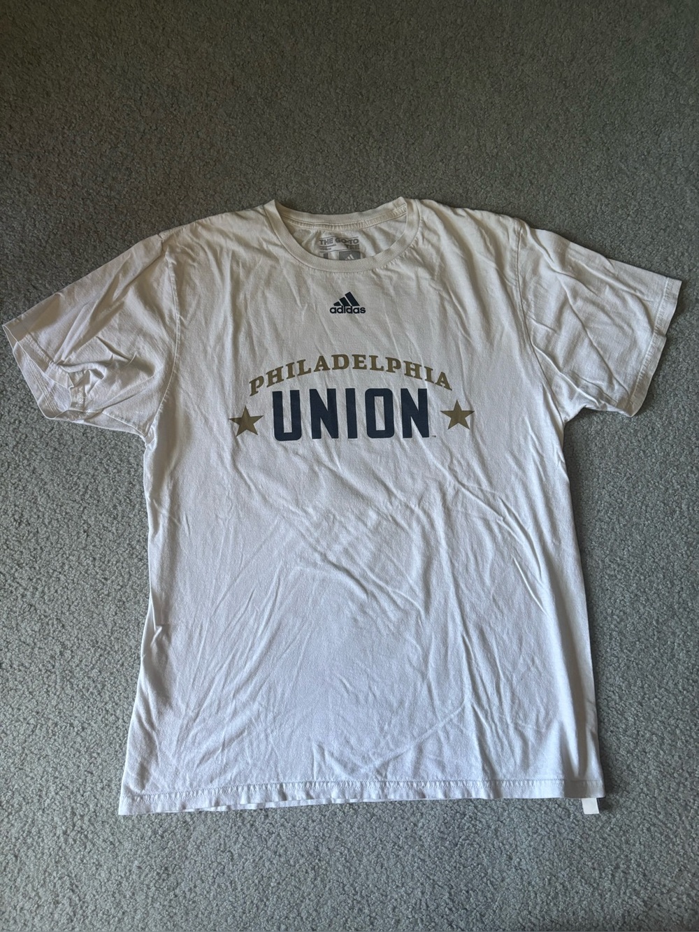 adidas White Philadelphia Union Graphic Tee with Navy and Gold Print